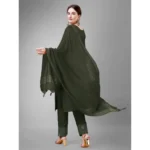 Generic Women's Casual 3-4 th Sleeve Embroidery Cotton Kurti Pant Dupatta Set (Dark Green) - Image 6