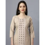 Generic Women's Casual 3-4 th Sleeve Embroidery Cotton Kurti (Beige) - Image 3