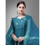 Generic Women's Casual 3-4 th Sleeve Embroidery Cotton Kurti Pant Dupatta Set (Blue ) - Image 3