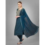 Generic Women's Casual 3-4 th Sleeve Embroidery Silk Blend Kurti Pant Dupatta Set (Blue) - Image 5
