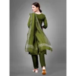 Generic Women's Casual 3-4 th Sleeve Embroidery Cotton Kurti Pant Dupatta Set (Green) - Image 6