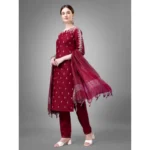 Generic Women's Casual 3-4 th Sleeve Embroidery Cotton Kurti Pant Dupatta Set (Maroon) - Image 4
