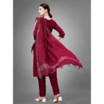 Generic Women's Casual 3-4 th Sleeve Embroidery Cotton Kurti Pant Dupatta Set (Maroon) - Image 6