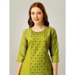 Generic Women's Casual 3-4 th Sleeve Embroidery Cotton Kurti Pant Set (Green) - Image 3