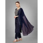 Generic Women's Casual 3-4 th Sleeve Embroidery Silk Blend Kurti Pant Dupatta Set (Navy Blue) - Image 5
