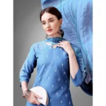 Generic Women's Casual 3-4 th Sleeve Embroidery Cotton Kurti Pant Dupatta Set (Sky Blue) - Image 3