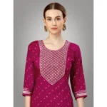 Generic Women's Casual 3-4 th Sleeve Embroidery Silk Blend Kurti Pant Dupatta Set (Rani) - Image 4
