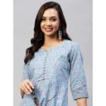 Generic Women's Casual 3-4 th Sleeve Printed Cotton Kurti Pant Set (Pastel Blue) - Image 2