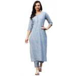 Generic Women's Casual 3-4 th Sleeve Printed Cotton Kurti Pant Set (Pastel Blue)
