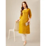 Generic Women's Casual 3-4 th Sleeve Embroidery Cotton Kurti Pant Set (Yellow) - Image 2