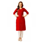 Generic Women's Casual 3-4 th Sleeve Embroidery Cotton Kurti Pant Set (Red)