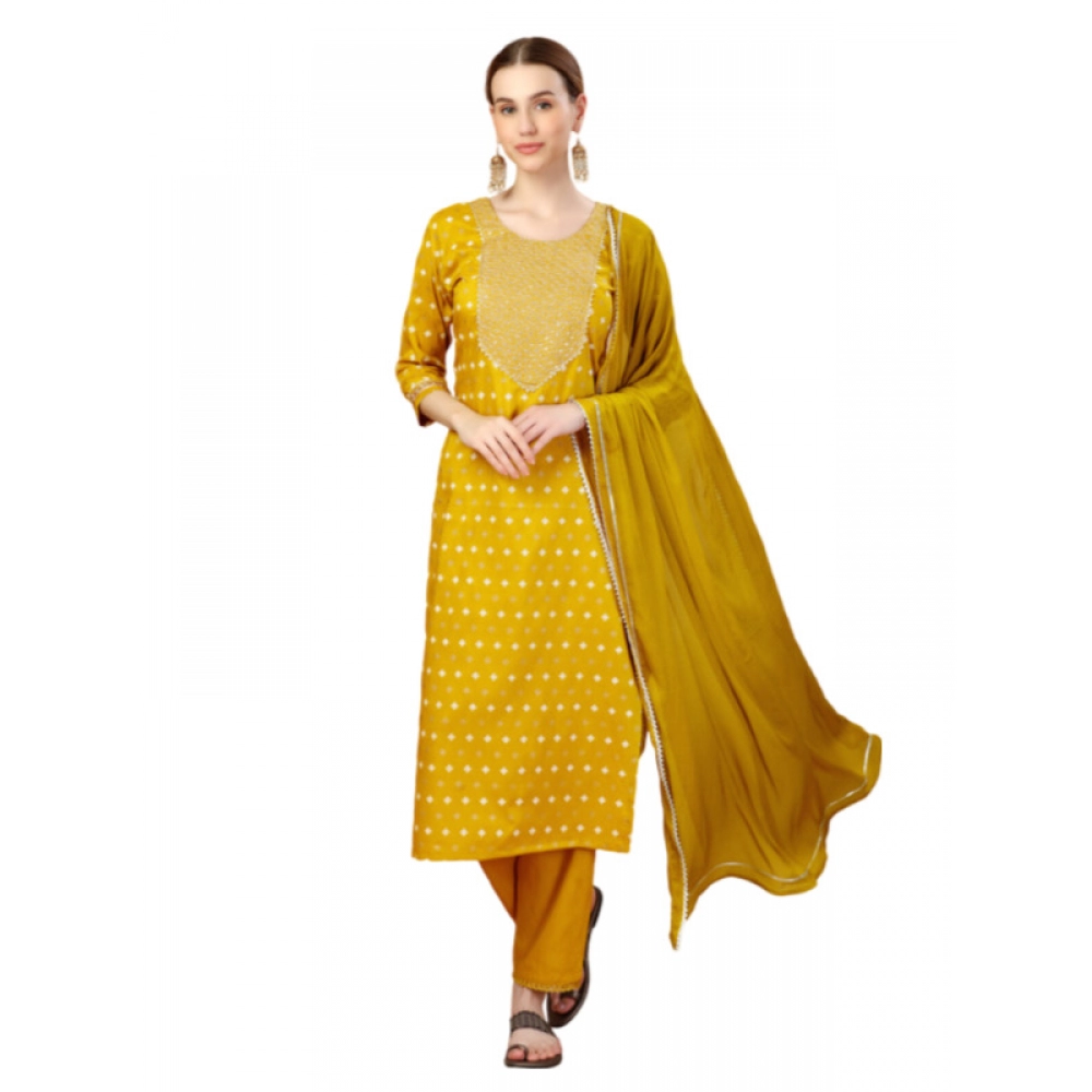 53695631469_650de5133c_o_d-1000x1000-1.webp Generic Women's Casual 3-4 th Sleeve Embroidery Silk Blend Kurti Pant Dupatta Set (Golden) - Image 1