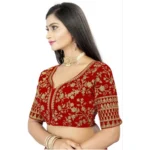 Generic Women's Velvet Embroidery Readymade Blouse (Red, Size: Free Size) - Image 2
