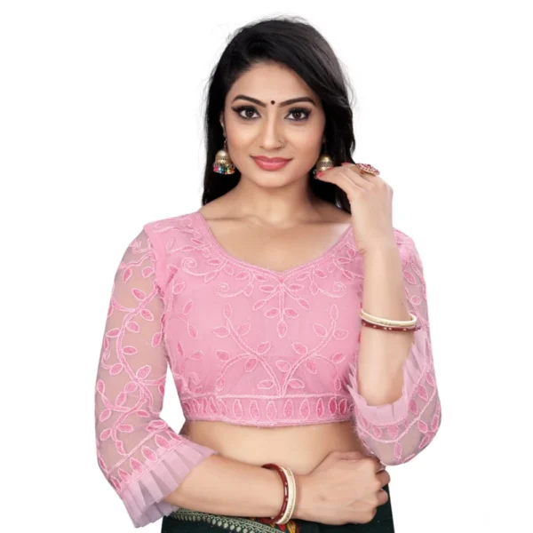 Pink nylon net embroidery readymade blouse for women