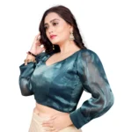 Generic Women's Organza Plain Readymade Blouse (Teal, Size: Free Size) - Image 3