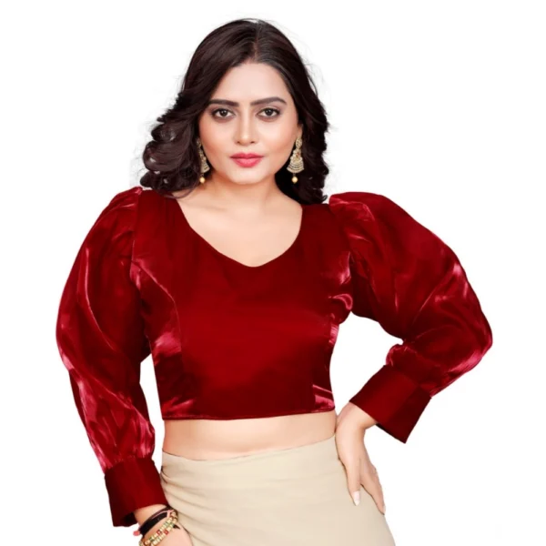 Maroon Organza Plain Long Sleeve Readymade Blouse for Women