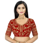 Red Velvet Embroidered Readymade Blouse for Women