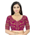 Pink Velvet Embroidered Readymade Blouse for Women