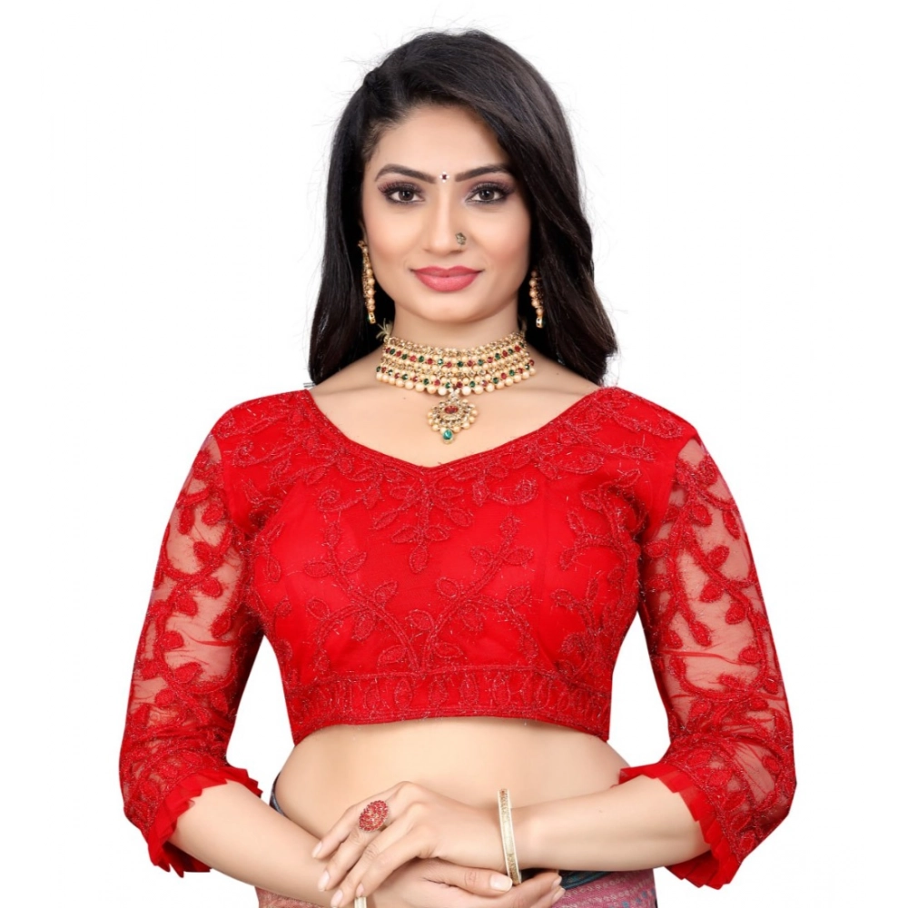 Red Nylon Net Embroidery Readymade Blouse