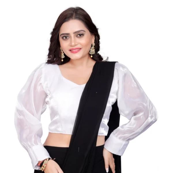 White Organza Plain Readymade Blouse for Women