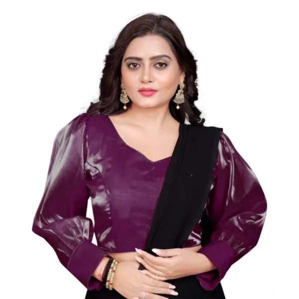 Magenta Organza Plain Long Sleeve Readymade Blouse for Women