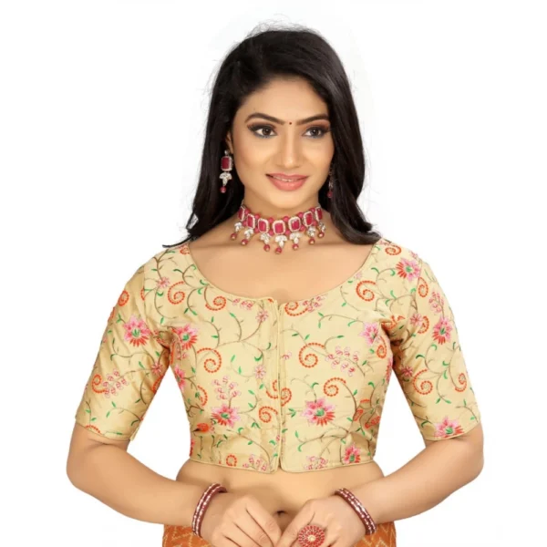 Beige Satin Floral Readymade Blouse for Women