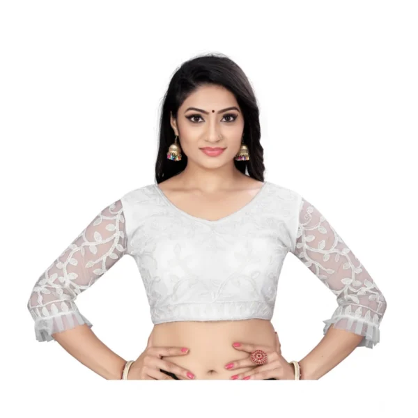 White Nylon Net Embroidery Readymade Blouse
