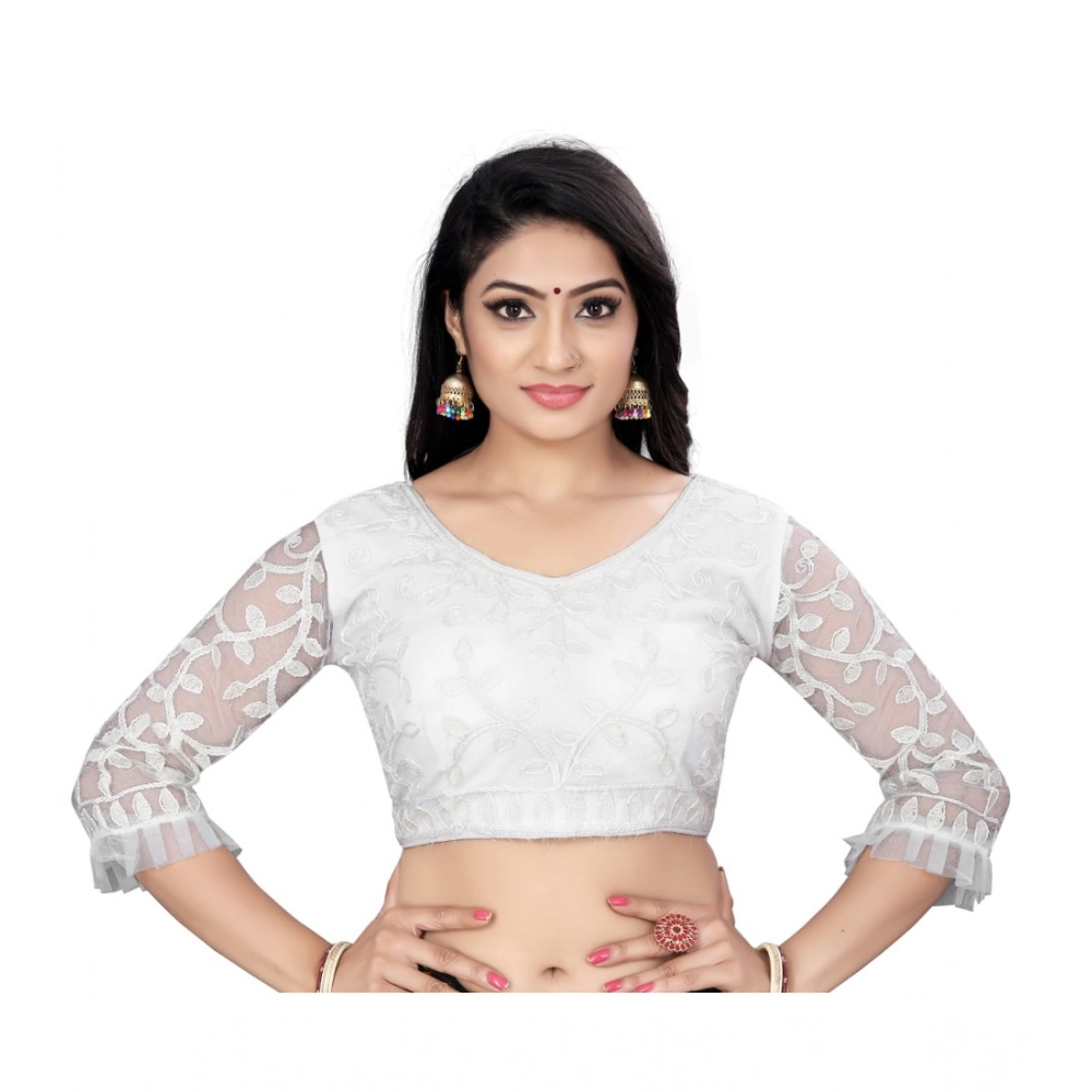 White Nylon Net Embroidery Readymade Blouse