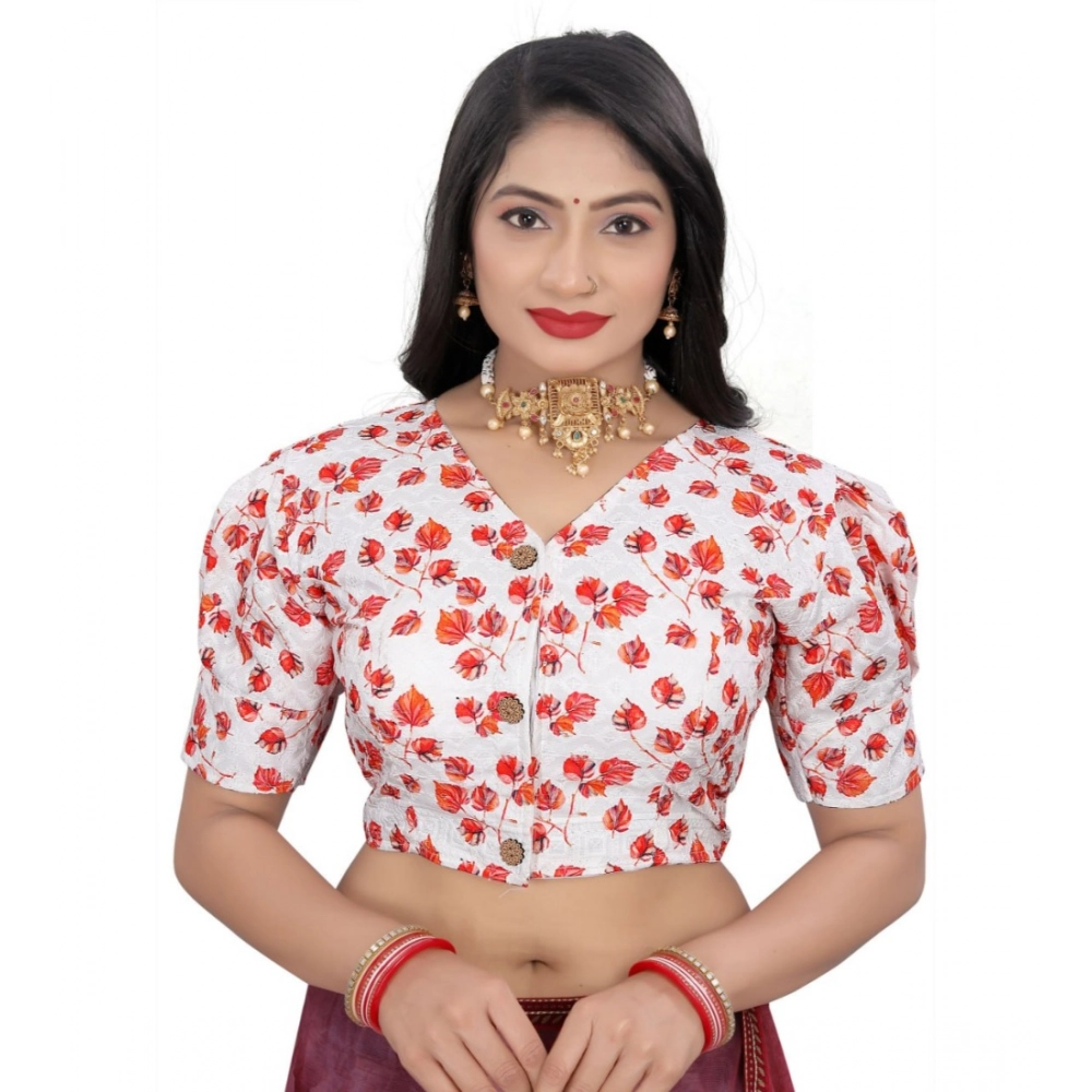 Red Floral Cotton Blend Blouse for Women