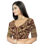 Generic Women's Velvet Embroidery Readymade Blouse (Brown, Size: Free Size) - Image 2