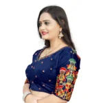 Generic Women's Malai Silk Floral Readymade Blouse (Navy Blue, Size: Free Size) - Image 2