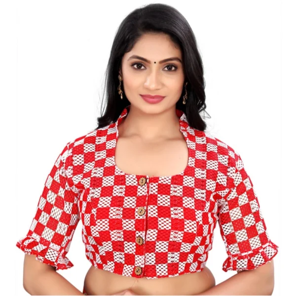 Women's Red Cotton Blend Checks Blouse