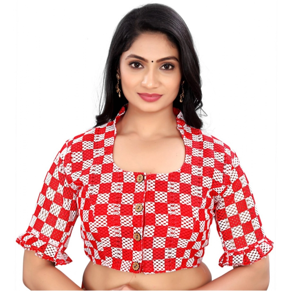 Women's Red Cotton Blend Checks Blouse