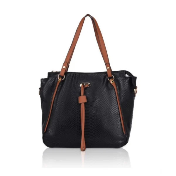 Black Faux Leather Textured Tote Bag for Women
