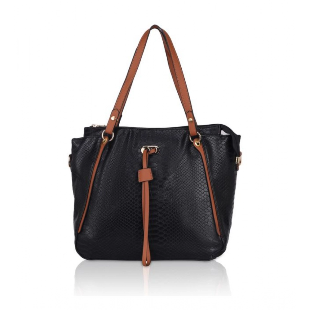 Black Faux Leather Textured Tote Bag for Women
