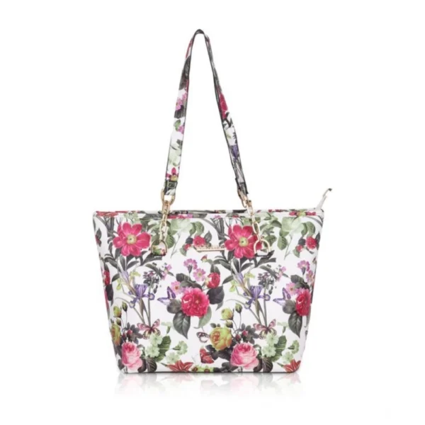 White Pink Faux Leather Printed Tote Bag for Women