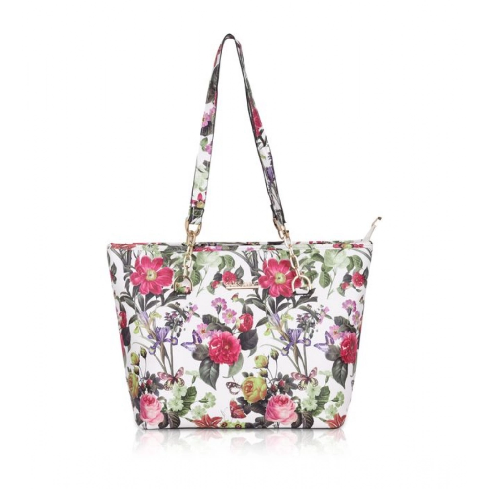 White Pink Faux Leather Printed Tote Bag for Women
