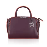 Wine Red Faux Leather Handbag with Metal Beads