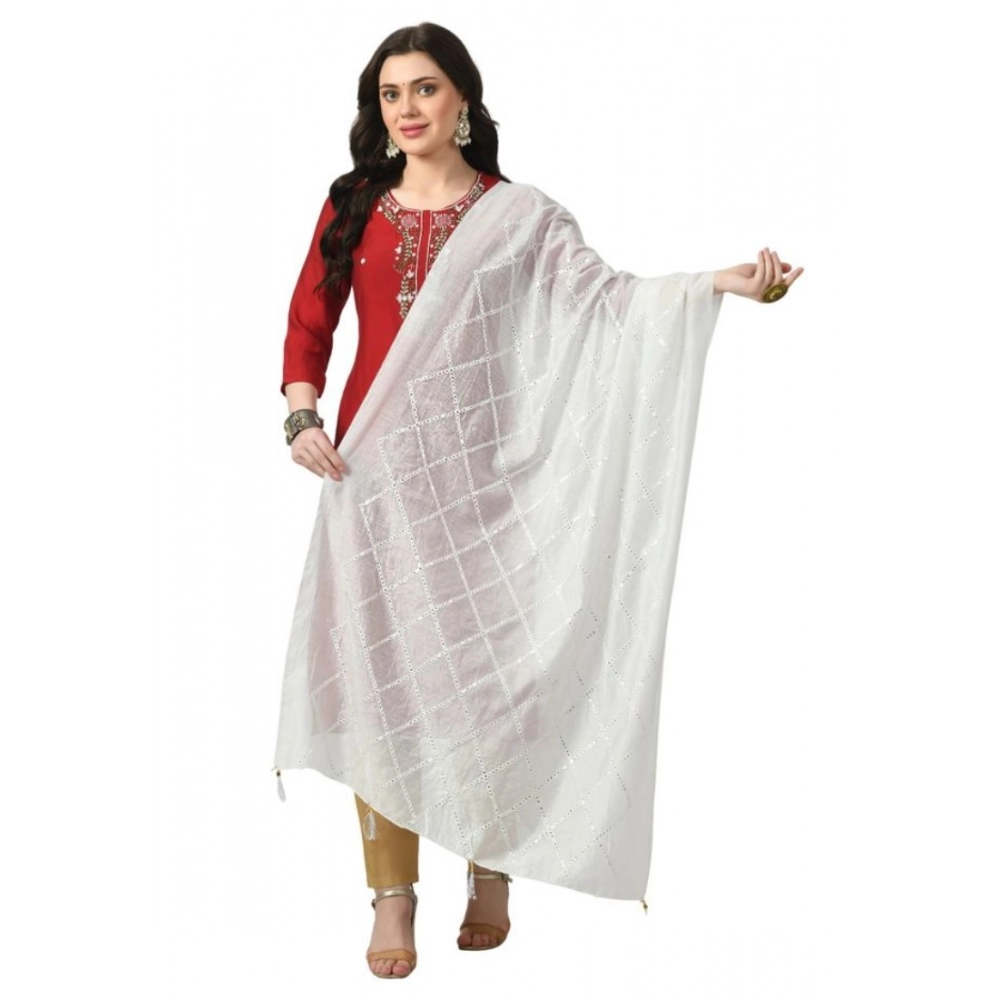 White Chanderi Self Design Dupatta for Women