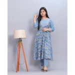 Generic Women's Casual Cotton 3-4th Sleeve Kurti Palazzo Set (Blue) - Image 4
