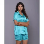 Generic Women's Casual Satin Half Sleeve Night Suit Set (Turquoise) - Image 3