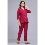 Generic Women's Casual Rayon 3-4th Sleeve Night Suit Set (Maroon) - Image 2