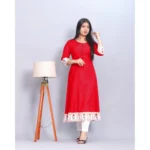 Generic Women's Casual Viscose Rayon 3-4th Sleeve Kurti (Red) - Image 2