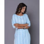 Generic Women's Casual Cotton Blend 3-4th Sleeve Straight Kurti (Aqua Blue) - Image 2