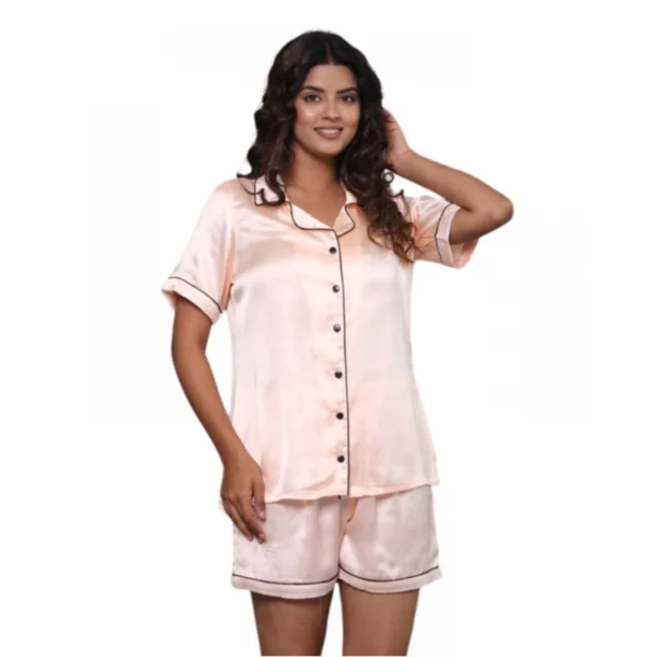 Generic Women's Casual Satin Half Sleeve Night Suit Set (Orange)