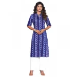 Generic Women's Casual Viscose Rayon 3-4th Sleeve Straight Kurti (Blue)