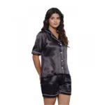 Generic Women's Casual Satin Half Sleeve Night Suit Set (Black)