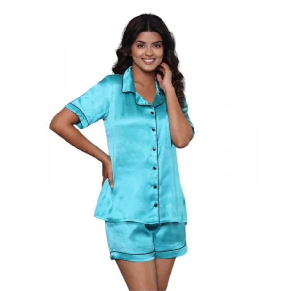 Generic Women's Casual Satin Half Sleeve Night Suit Set (Turquoise)