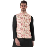Men's Red Beige Jacquard Printed Full Sleeve Waistcoat