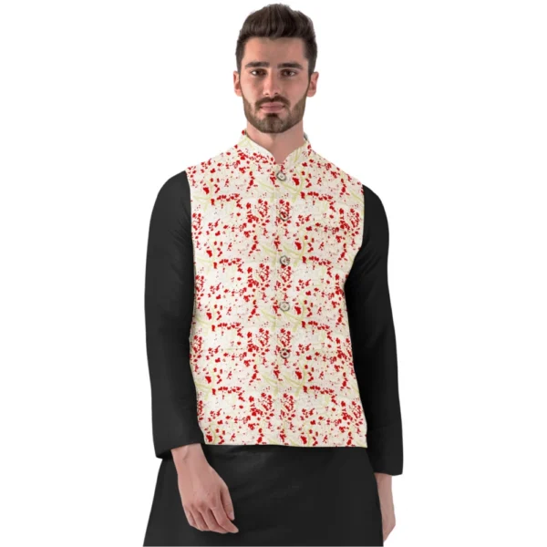 Men's Red Beige Jacquard Printed Full Sleeve Waistcoat